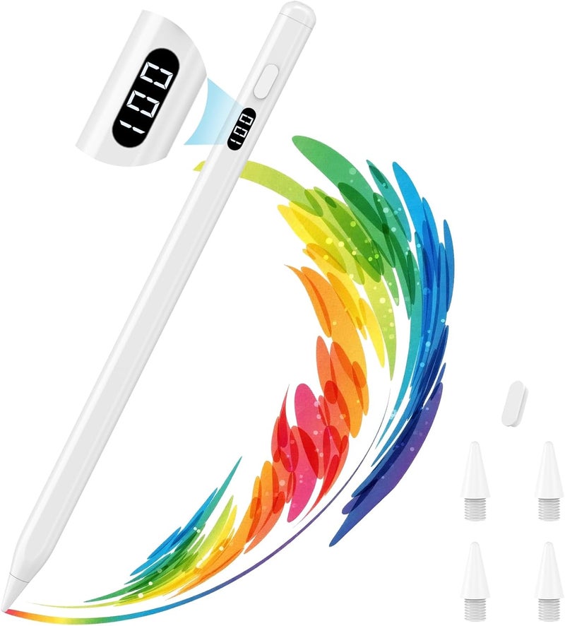 MoKo Stylus Pen for iPad 2018-2025, USB-C Fast Charging Pencil with LED Power Display Tilt Sensitivity for Apple iPad A16/11/10/9/8/7/6, Air 7/6/5/4/3/M3/M2, Pro 13"/12.9"/11"/M4, Mini 7/6/5, White - Image 1